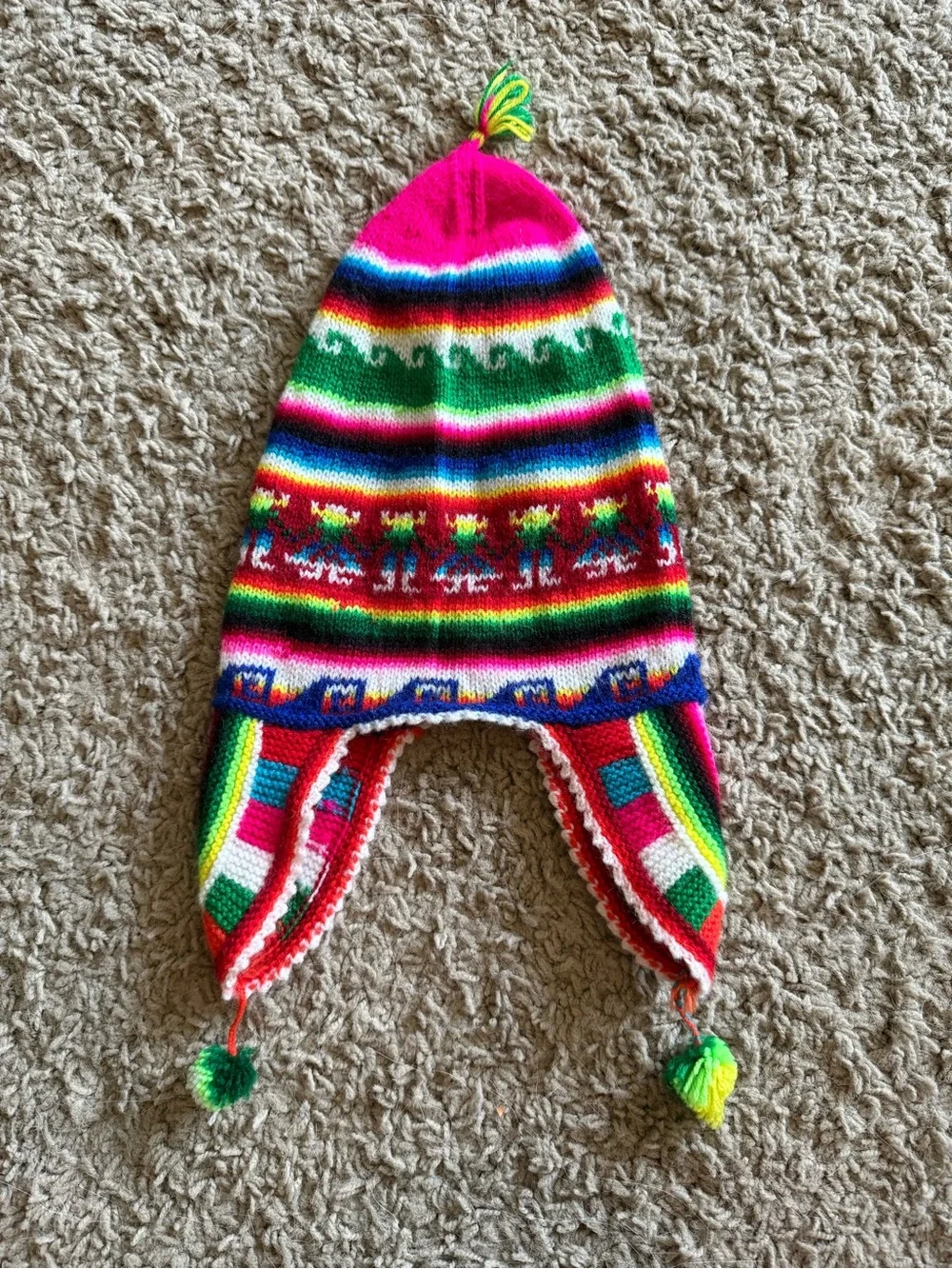 Bright Pink Multicolor Peruvian-Style Kids Earflap Hat
